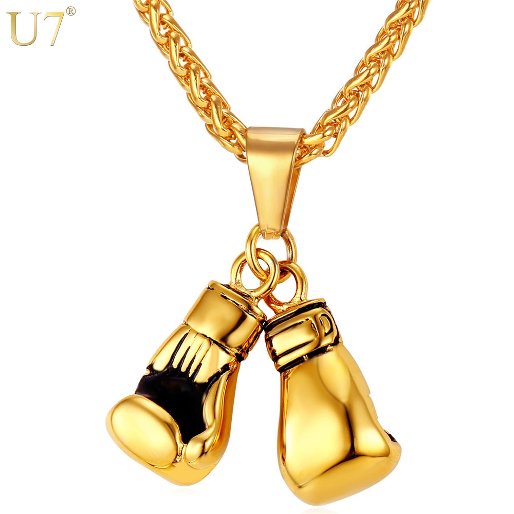 U7 Boxing Necklace for Man 24" Wheat Link Chain Gloves Stainless Steel Sport GYM Fitness Fighting Pendant Sporty Punk Jewelry